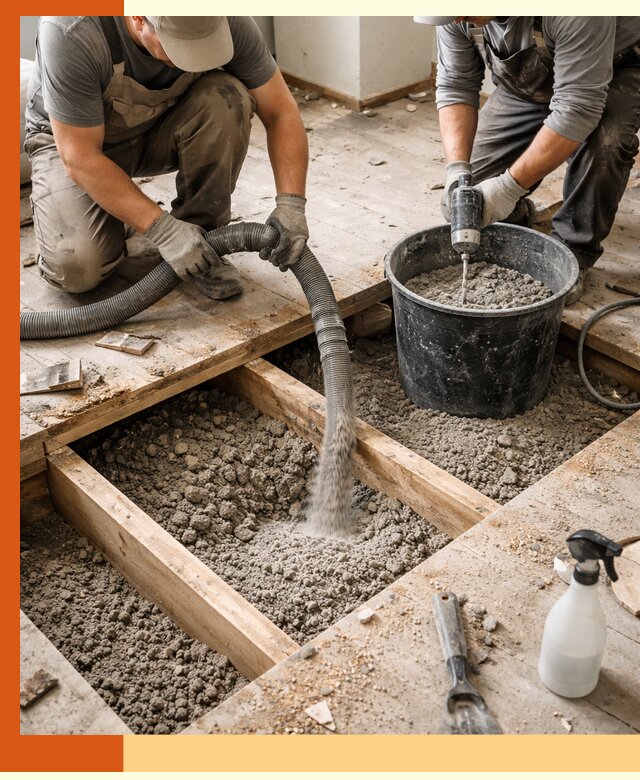 Заполнение пустот пола в мирном полиуретаном и пенополистиролом