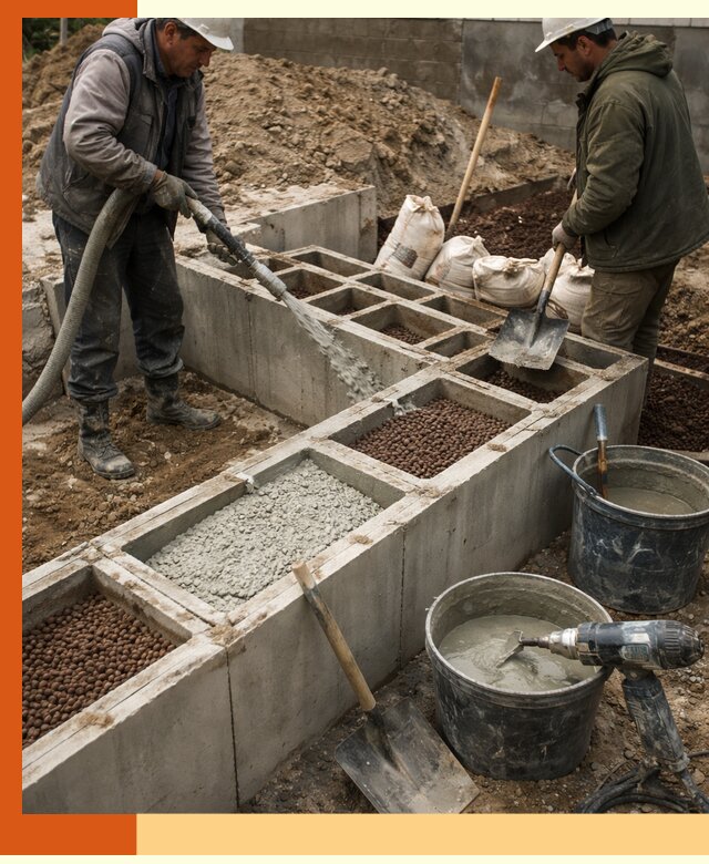 Заполнение полостей фундамента в мирном герметичным утеплением и повышением прочности
